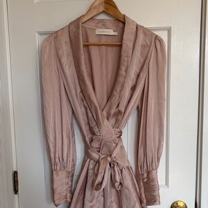 Zimmermann Dusty Rose Satin Wrap Dress with Long Sleeves